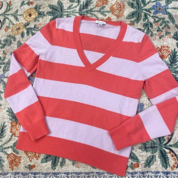 Garnet Hill 100% Cashmere Striped V-Neck Longsleeve Pull-over Sweater Size Small - Picture 1 of 7